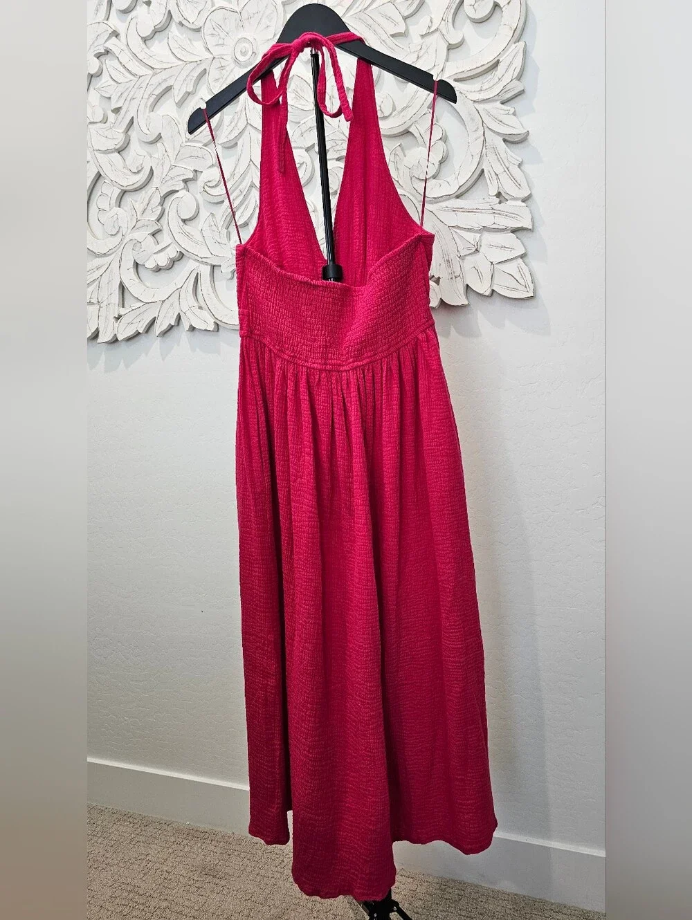 Steve Madden Cotton Gauze Pink Cranberry Halter V-Neck Midi Dress Women's Sz Med - Picture 3 of 11
